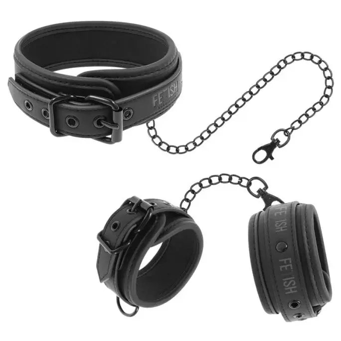 Fetish Submissive – Vegan Leather Necklace And Handcuffs With Noprene Lining Fetish Submissive Bondage